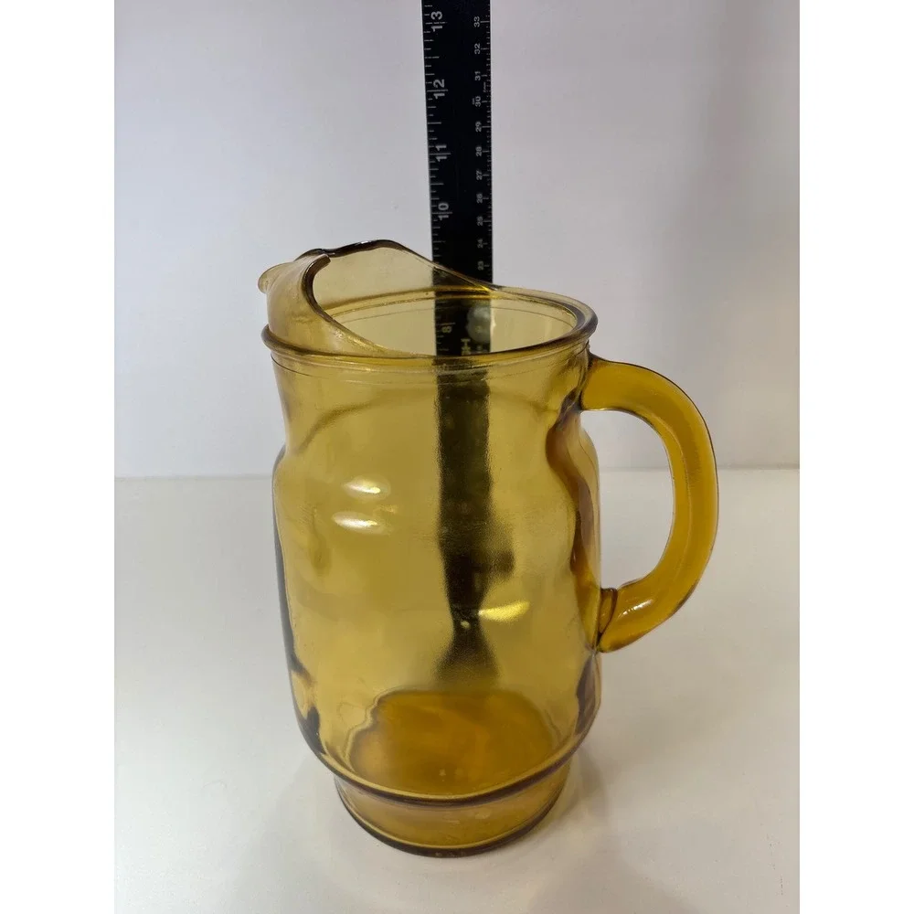Anchor Hocking Tall Glass Pitcher Ice Lip Handle Amber Yellow Vintage 9 inch